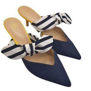 Cabi Style 6022 Striped Bow Kitten Heel Mules in Navy and Yellow SZ 10